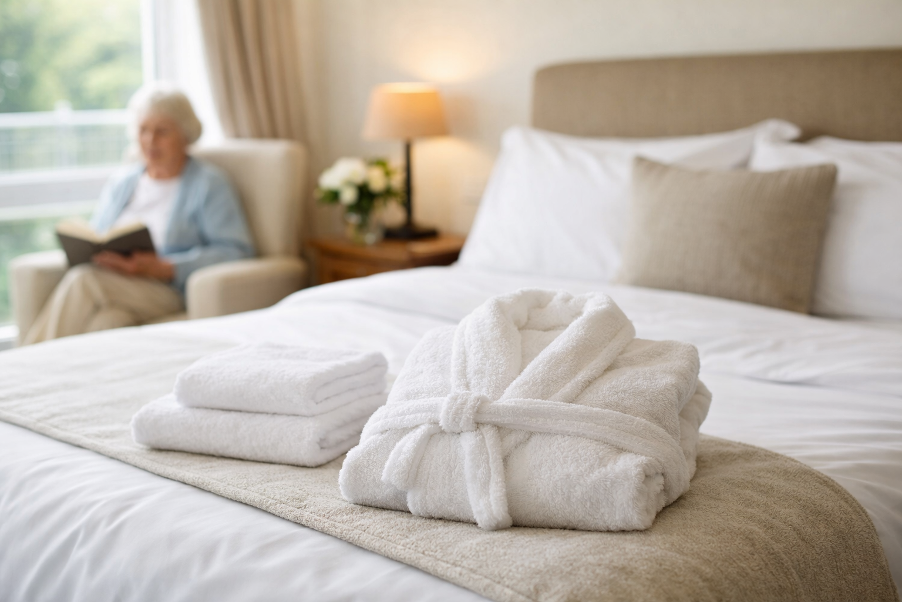 A folded white towels on a bed
