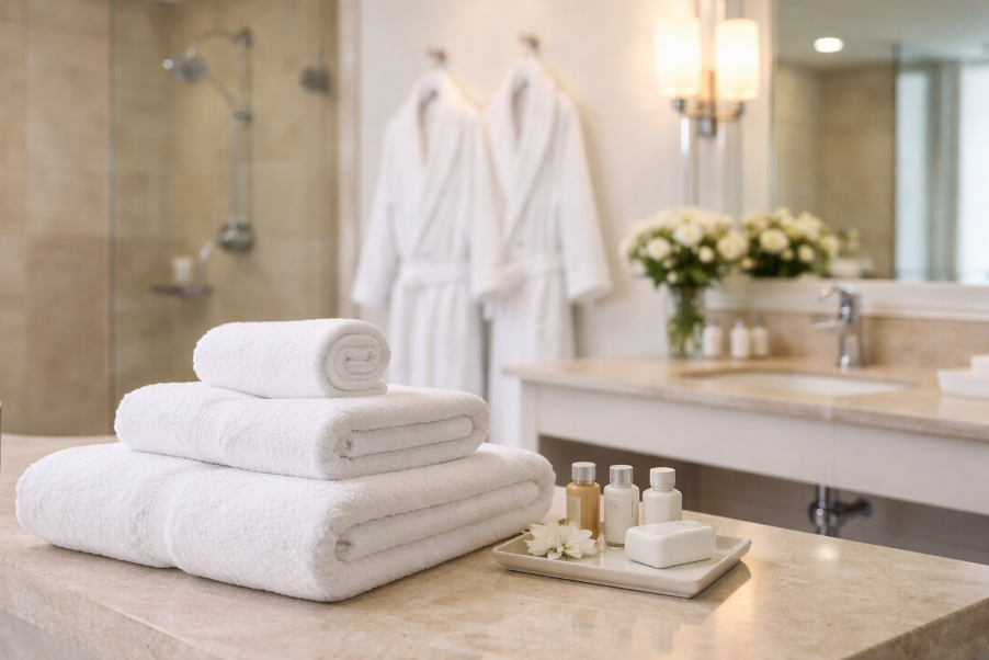 A close-up of towels on a counter